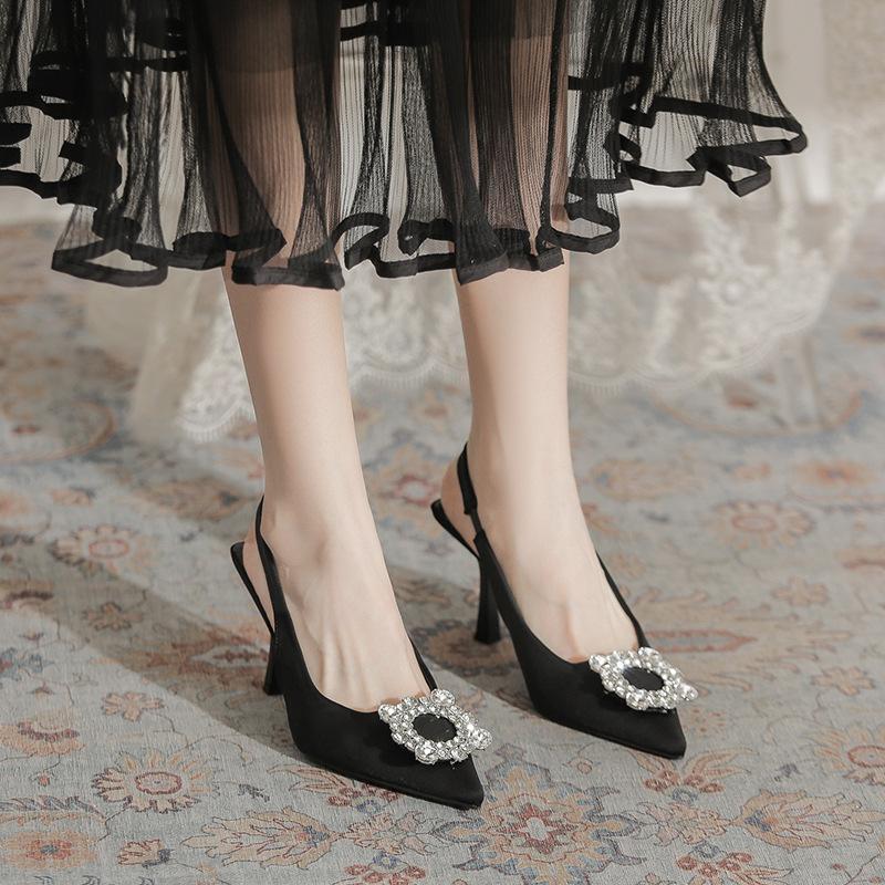 French Rear Strap Black Pointed High Heels Rhinestone Square Buckle Summer New Thin Heel Niche with Skirt Sandals Women