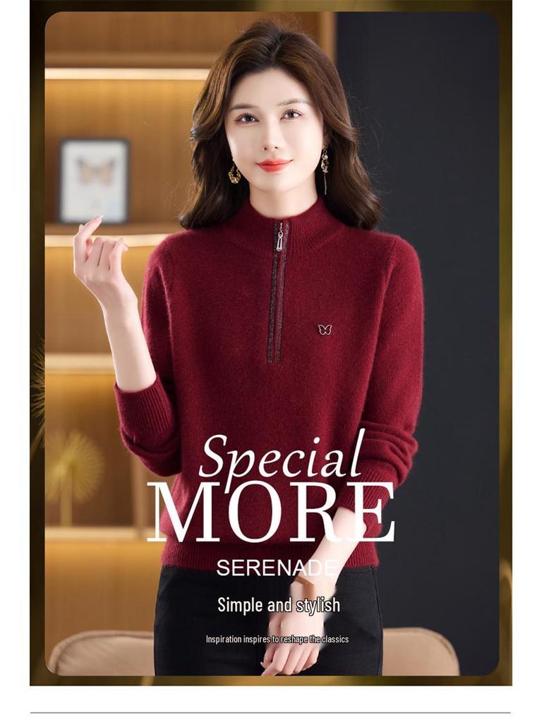 Women's Pure Wool Half-Zip Sweater - Stylish Winter Base Layer for Middle-Aged and Elderly