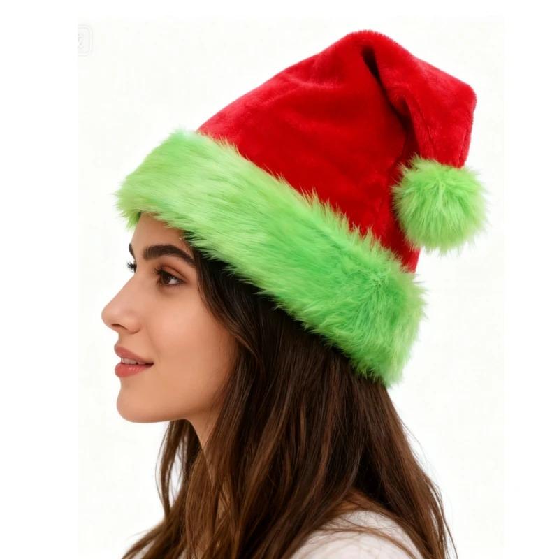 Fluorescent Green Christmas Hat with Plush Edge - Novelty Xmas Party Decor, Family Holiday Decoration & Video Props