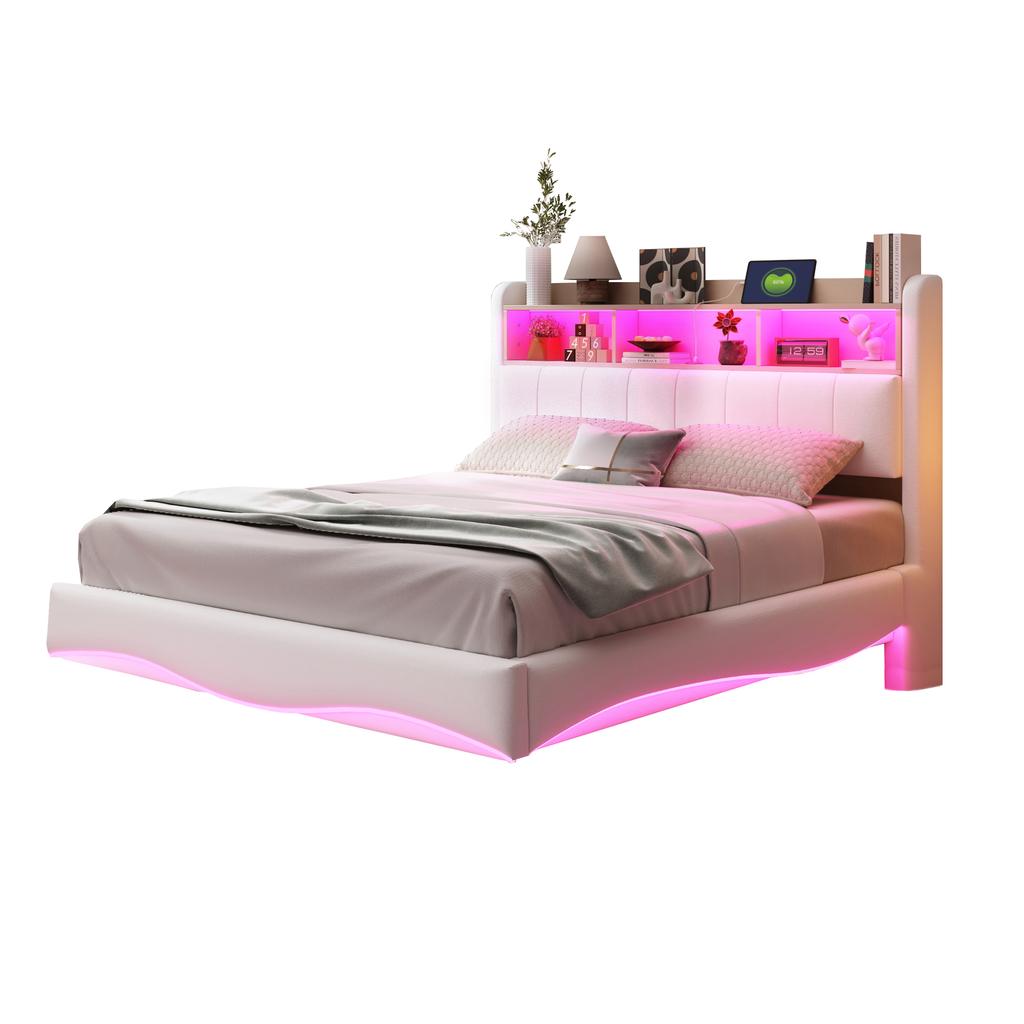 Zwevend design gestoffeerd bed 140*200 gemaakt van linnen stof, multifunctioneel opbergbed met LED-licht, USB en TYPE-C interface beige