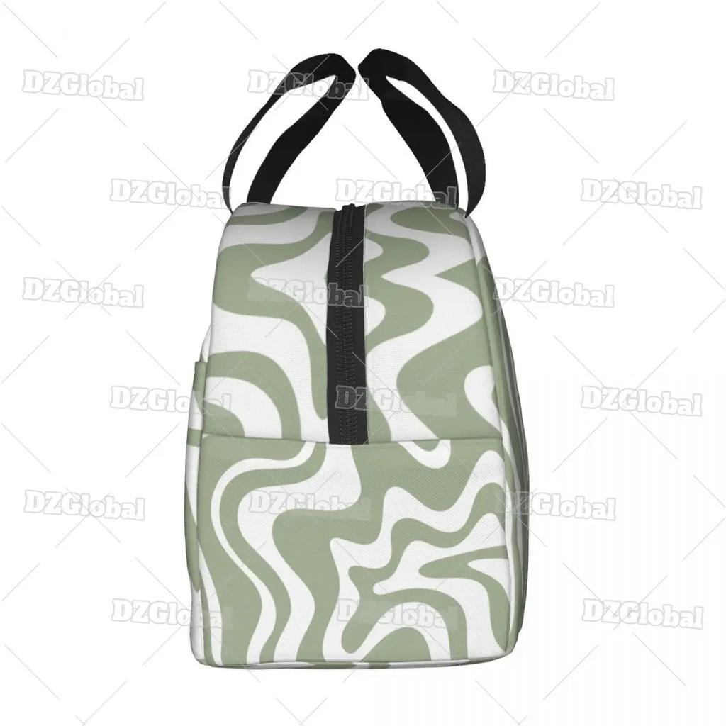 Liquid Swirl Abstract Pattern In Sage Green Insulated Lunch Bag Geometric Art Cooler Thermal Bento Box For Women Kids Food Bags