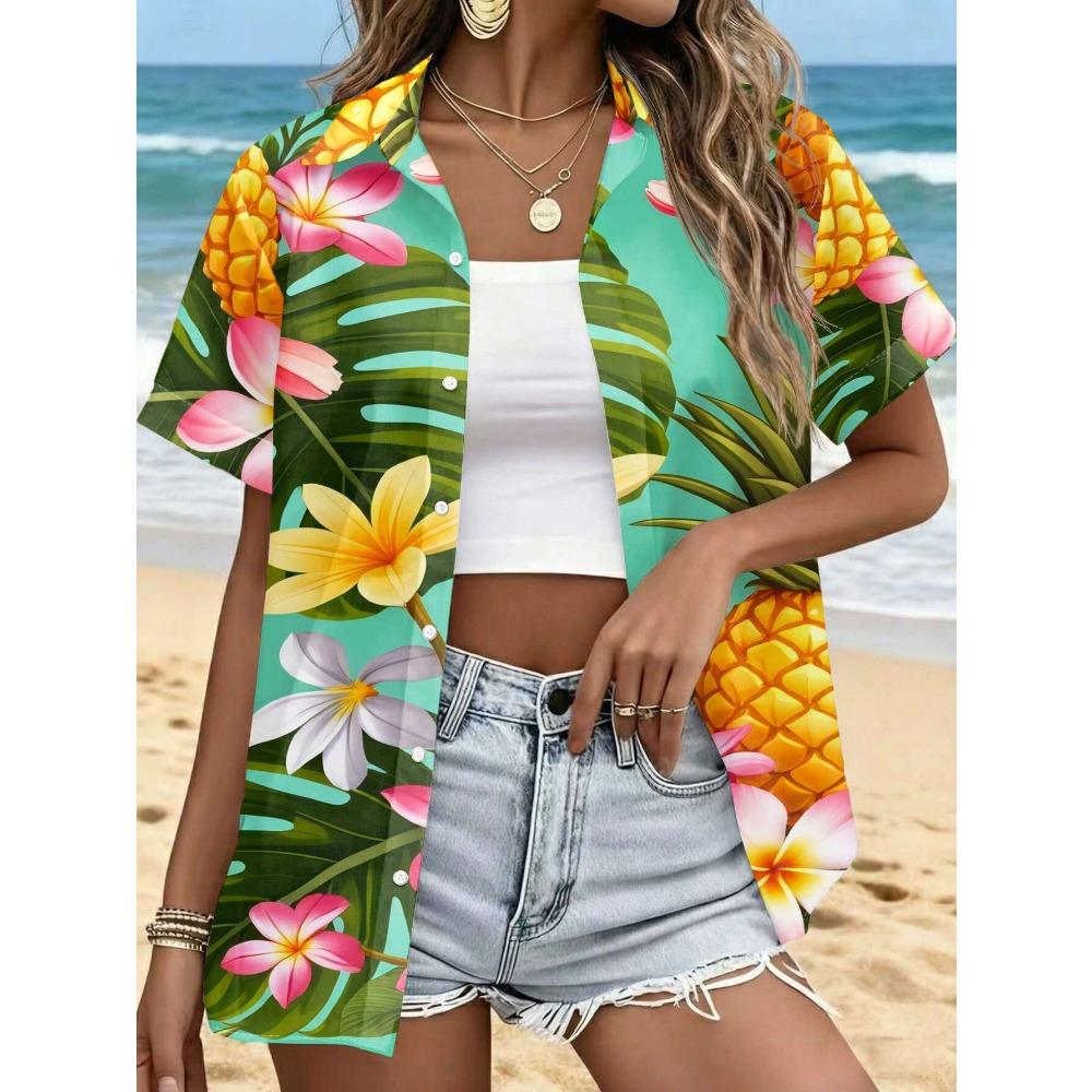

Women s Tropical Short-Sleeve Button-Up Shirt - Blue Pineapple & Hibiscus Print Collar Blouse-Compatible Top S