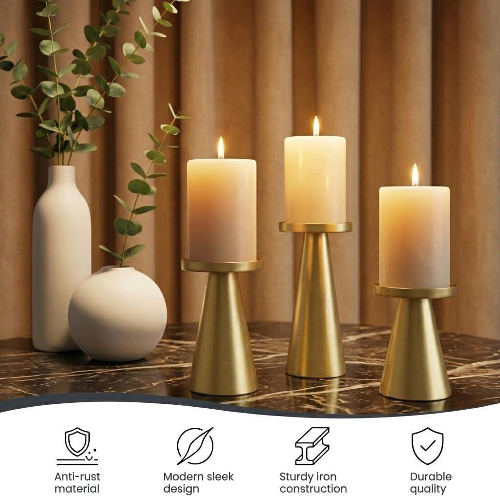 3PCS Gold Iron Candle Holder Set, Pillar Plate Stand for LED Wax Elegant Candle Stand for LED & Wax Candles, Incense Cones, Spa, Weddings