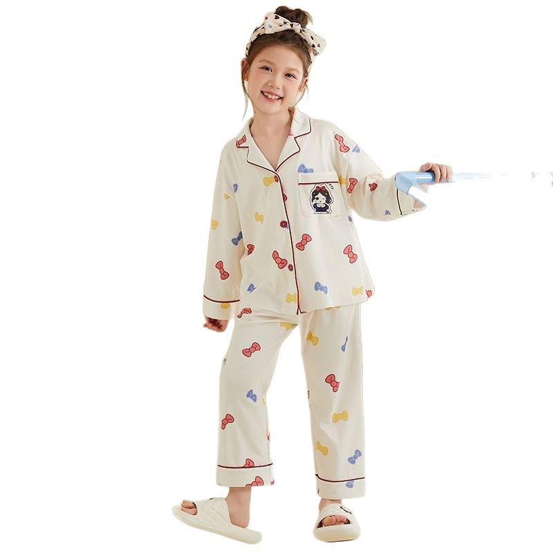 Autumn Long Sleeve Cartoon Pajamas Set for Girls - Cardigan Style, Wear Indoors or Out