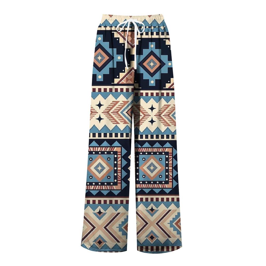 Women's Printed Wide Leg Pants With Pockets High Waist Drawstring Loose Casual Pants
