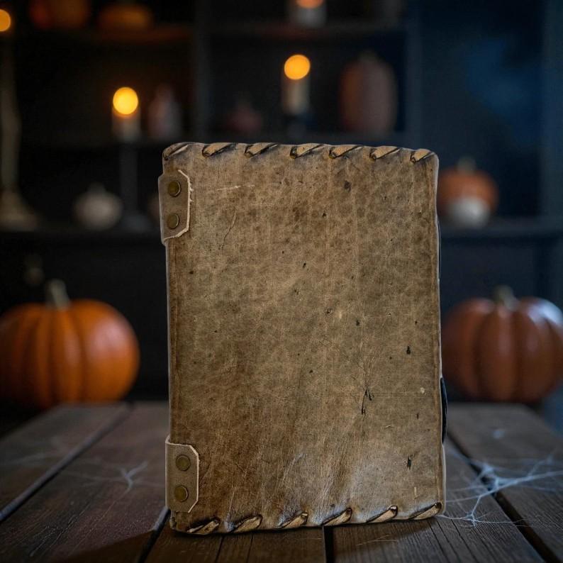 Handmade Leather Spellbook Journal with Evil Eye Design | 5x7” Deckle Edge Paper | 200 Pages | Vintage Horror Grimoire Notebook