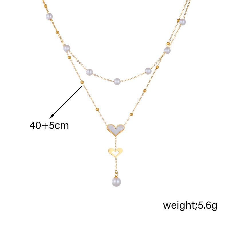 18K Gold Plated Layered Pearl Heart Pendant Necklace, Dainty Double Chain Y-Drop Lariat Choker for Women, Trendy Jewelry