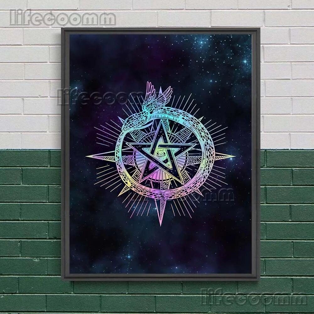 Mystical Witch Book Of Knowledge And Celestial Lunar Moth Wall Art Canvas Painting Ouroboro And Head Moth Poster And Pirnt Decor No Frame