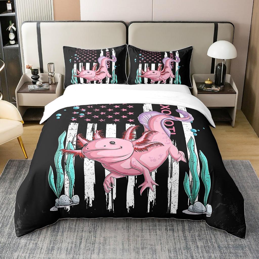 Cartoon Axolotl Bedding Set Twin Full Size Cute Ocean Animal Duvet Cover with 2 Pillow Sham Pink Comforter Cover Set Decorative