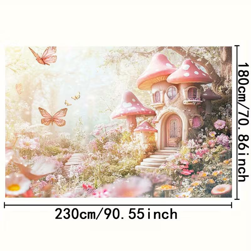 2D Fantasy Mushroom Home Tapestry, Soft Pink Floral Fairy Tale Background for Home Decor