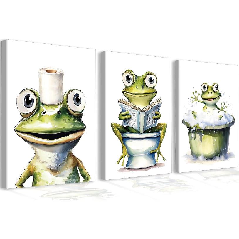 GMLXCX Funny Frog Bathroom Decor Wall Art, Cute Frog Sitting on Toilet Decor Art Poster, Funny Bathroom Sign Canvas Print Set of 3 (8''x10'',