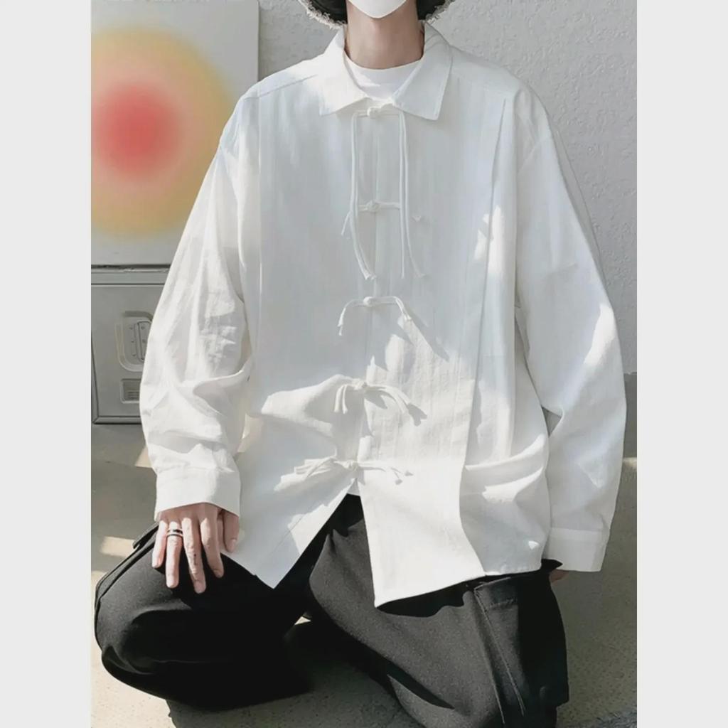Men's Chinese Style Long-Sleeve White Hanfu Scholar Shirt - Trendy Zen Taoist Fashion