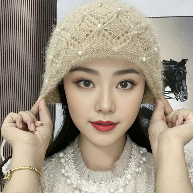 Korean version of fashion pearl headgear ear protection knitted heap hat winter handmade thickened warm mother wool hat women