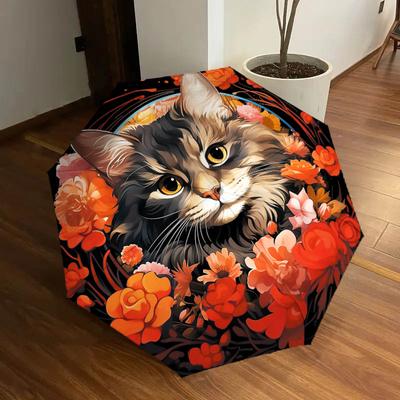 1pc Floral Cat Portrait Umbrella with Plastic Handle,Suitable for All Seasons Home Travel Outdoor UmbrellaDD201