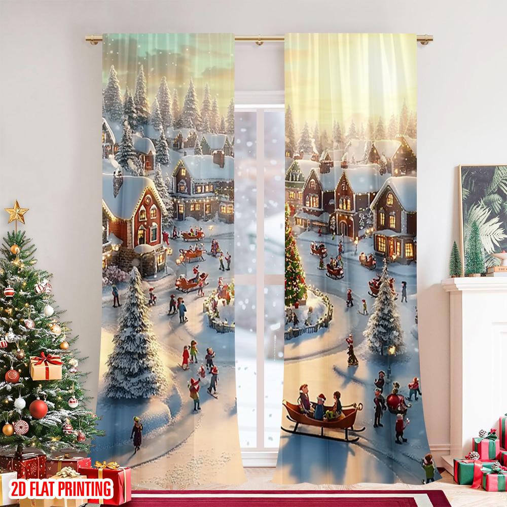 2pcs 2D flat printing Christmas Window Drapes Winter Village Versatile Durable Polyester Without Electricity Spring Party &