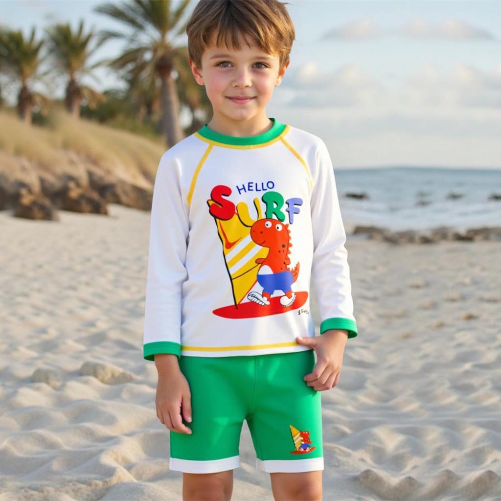 2025 New Cartoon Print Boys' Swimwear: Long-Sleeved, Split Short-Sleeved Swimsuits for Kids