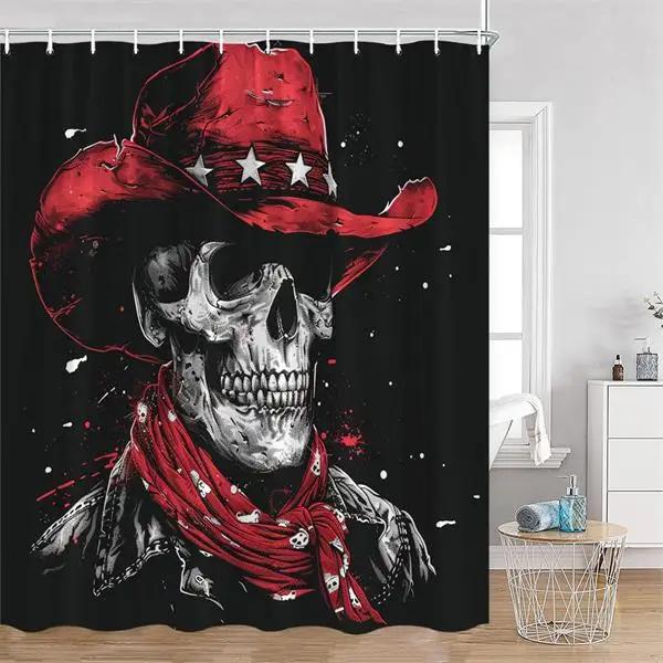 Floral Skull Shower Curtain Red Rose Flowers Skeleton Horror Halloween Bath Curtains Polyester Home Bathroom Decor with Hooks