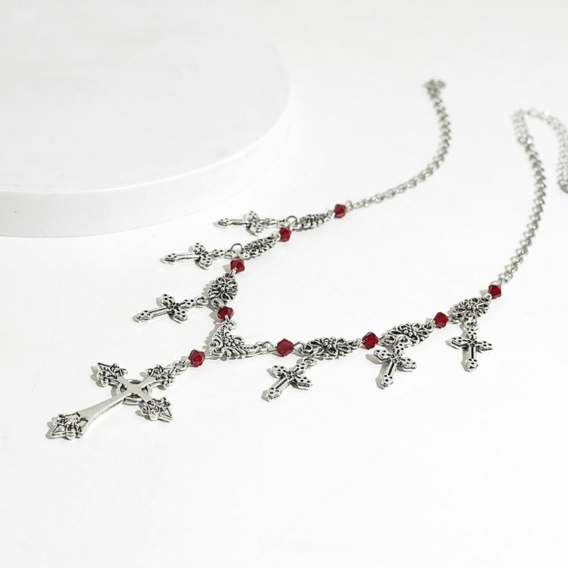Punk Thorn Cross Pendant Necklace Dark Gothic Cross Fringe Choker Necklace for Women Unique Clavicle Chain Stylish Gift