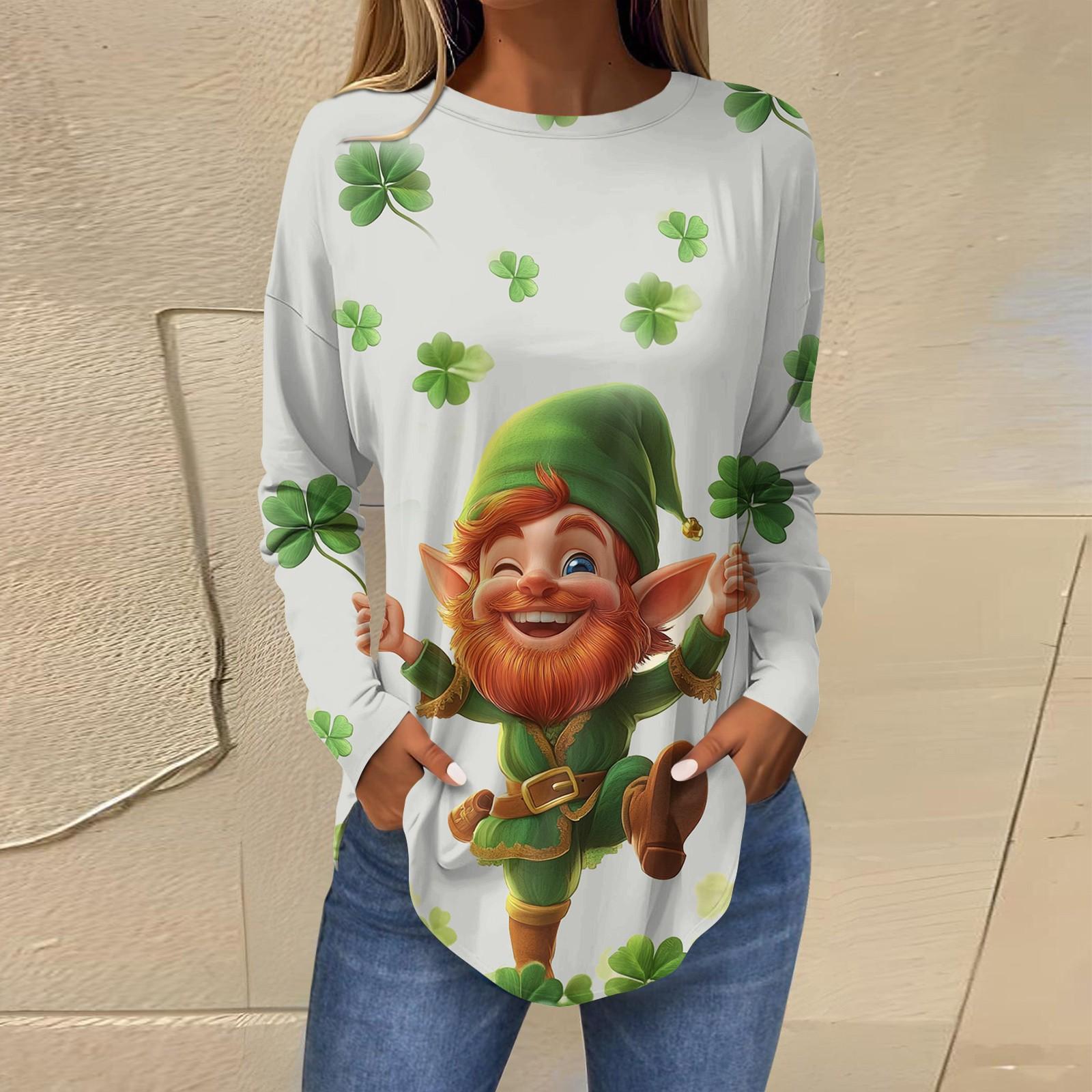 

Футболки для женщин, осенние повседневные рубашки с длинным рукавом, толстовка с винтажным графическим принтом, топ, пуловер St.. День Патрика XL белый