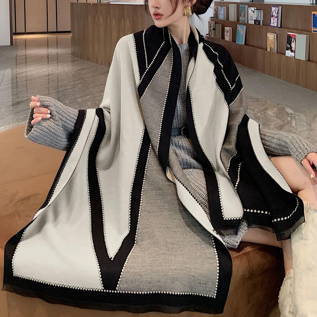Scarf Women's Korean Diamond Imitation Cashmere  And Winter Warm Neck Fashion Versatile Long Shawl