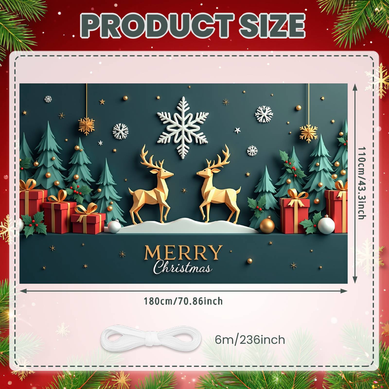 

Reindeer Backdrop White Snowflake Festive Banner Winter Banner Green Holly Winter Background For Christmas Party Office Party
