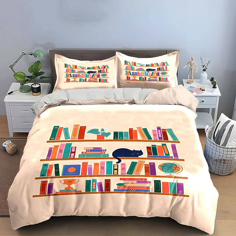 Bookshelves, cat, globe, trophy. Bedding sets Duvet cover sets Duvet covers Pillowcases(1*Duvet Cover 2*Pillowcases without duvet insert)