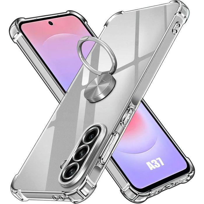 Coque pour Samsung Galaxy A37 5G, Protection Silicone Transparent avec Anneau Rotatif Argenté