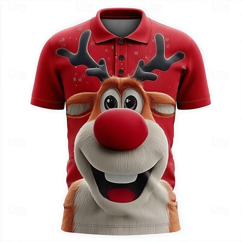 Weihnachten Lustiger Weihnachtsmann 3D-gedrucktes Herren-Kurzarm-Poloshirt Mode Revers-Knopfhemd Lässig Festival Herrenbekleidung