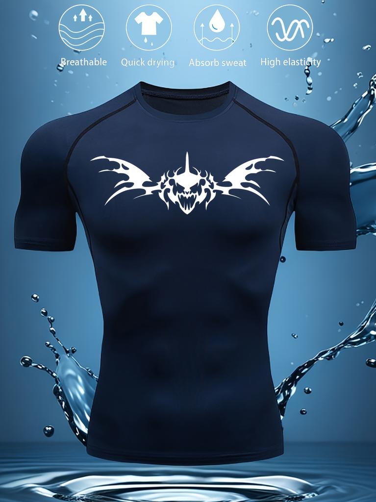 Mens Black Compression Short Sleeve T-Shirt White Tribal Skull With Wings Graphic Breathable Quick Dry High Elasticity Gym And MMA Athletic Top