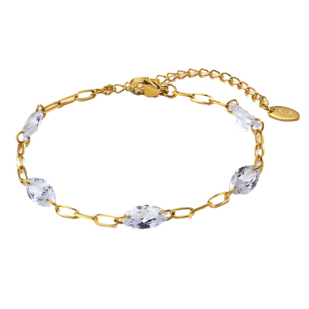 Stainless Steel Women'S Niche Fashion Design Sense Five Horse Eye White Zircon Flat Cross Chain Bracelet 18K Gold