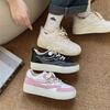 Summer New Leather Soft Bottom Colorblock Board Shoes Women's Round Head Lace Up Casual Sports White Shoes Wholesale