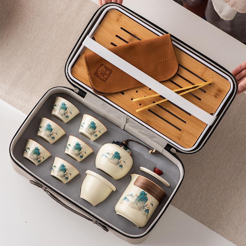 Ru kiln outdoor travel kung fu tea set gift box set high-end Guochao merchandise teacup business gift