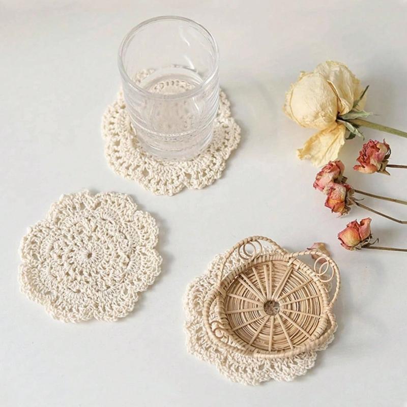 1pcs Woven Hollow Out Coaster, Modern Polyester Drink Coaster For Home,Solid Color Coasters For Insulation, Kitchen, Dining Room, Bedroom