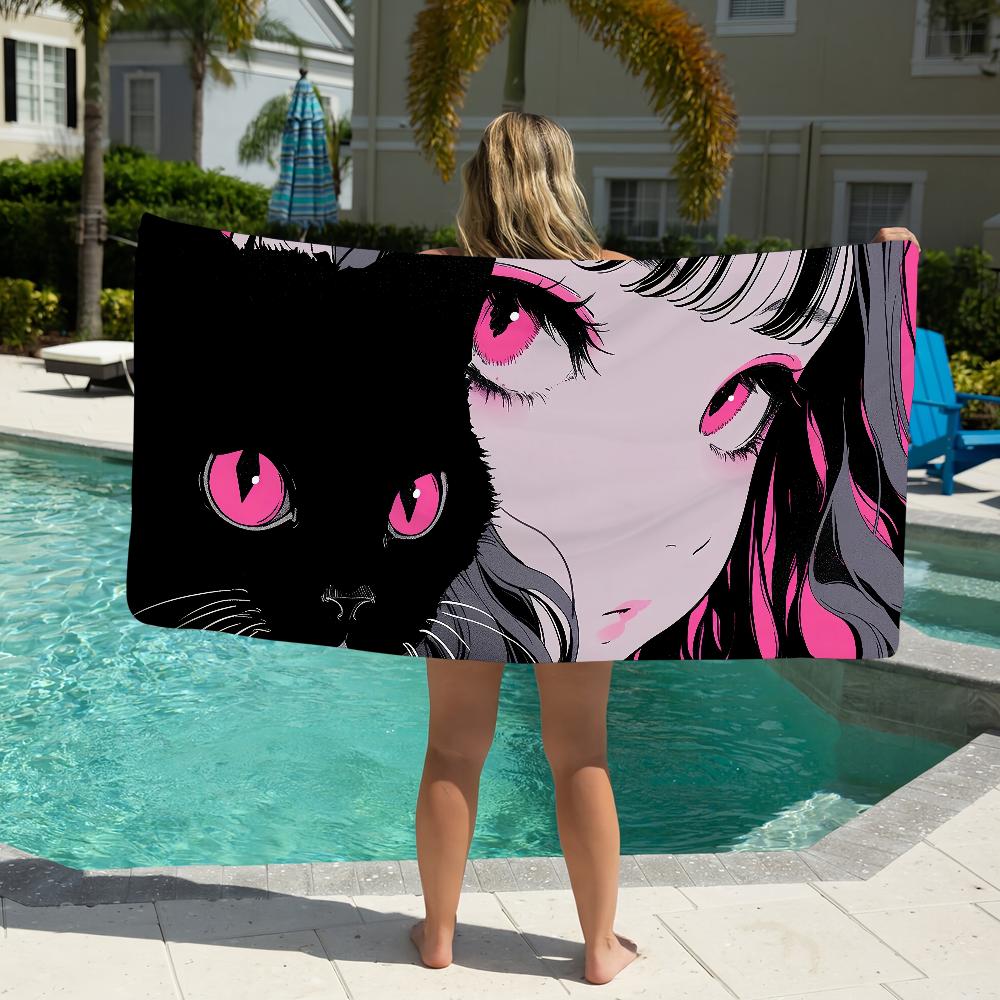 Serviette Filles Chat Noir Serviette de Plage Surdimensionnée Serviette à Séchage Rapide Absorbante Douce Serviettes de Bain Plage pour Hommes Femmes