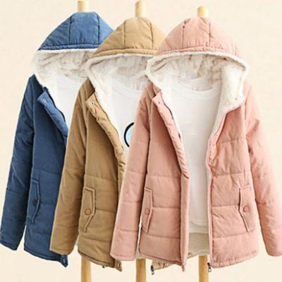 Winter Down Coat Hooded Zipper Solid Color Plush Hat Warm Thick Padded Cardigan Lady Winter Coat for Outdoor
