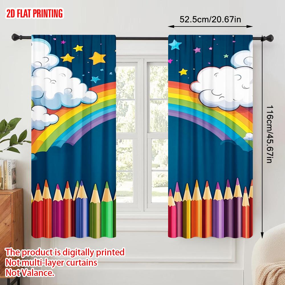 2pcs  2D Plane Printing Print Curtains Happy Back To School Polyester Fabric (without Rod) Home Decor for Bedroom & Various Rooms