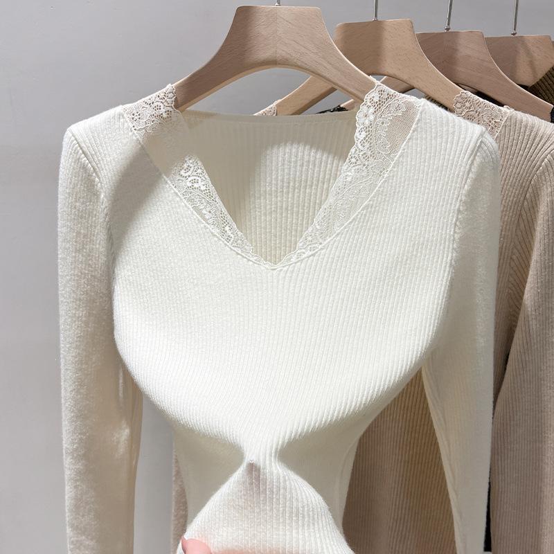 Black Spliced Knitted Sweater Women's Autumn and Winter New Women's Clothing Foreign Style Inner Design V-neck Top