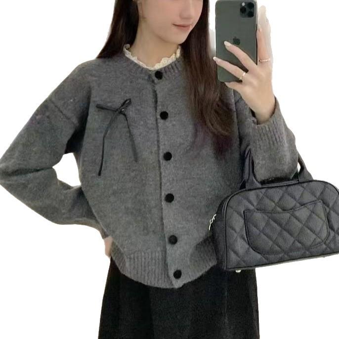 Arctic Velvet Washing Water, Gentle Lace Lace Neckline Bow Knitted Cardigan Women's Autumn and Winter New Sweater Jacket