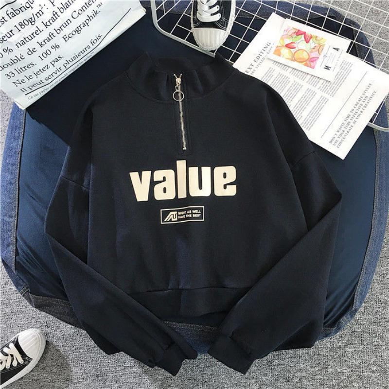 

Свитер женский Tide Ins весна и осень футболка с длинными рукавами с коротким абзацем для студентов корейская версия свободных топов ранней весной ранней осени XL чёрный