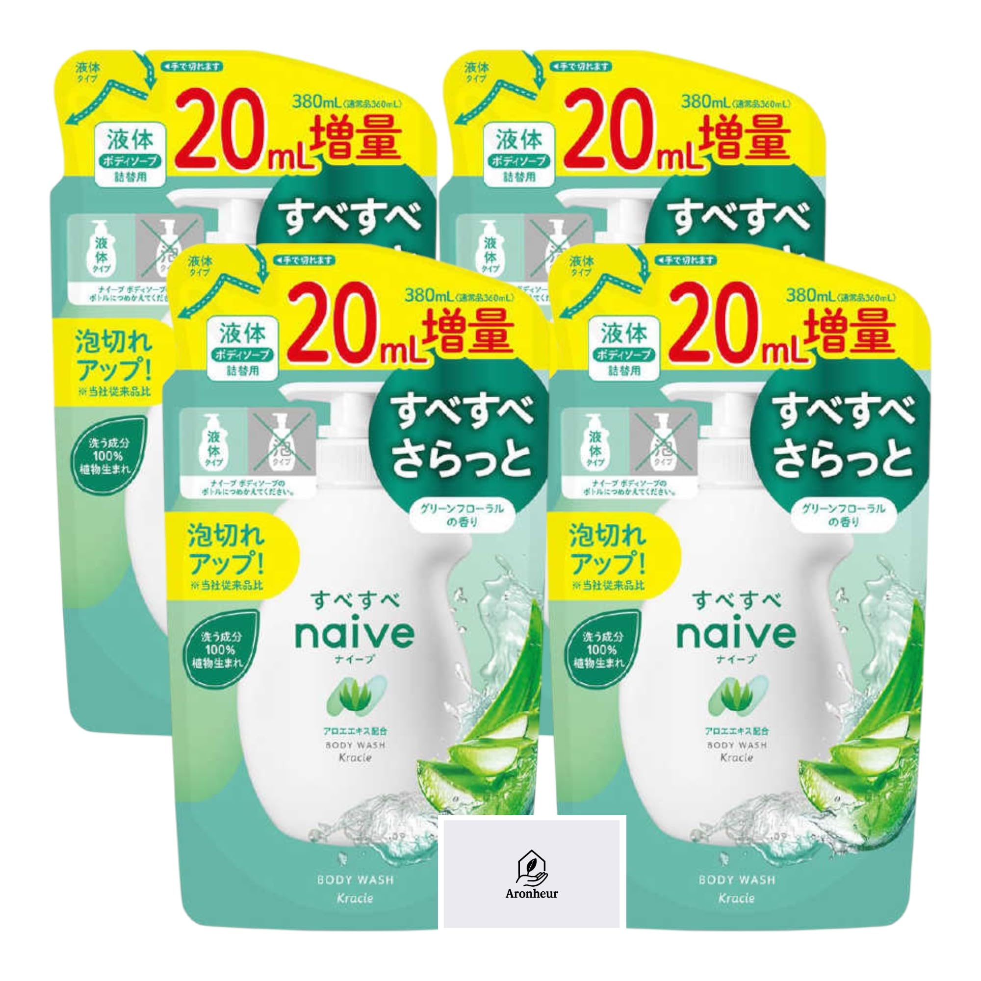 

Naive Body Soap with Aloe Extract, Green Floral Scent, Refill Pack (20ml extra, 380ml total), 4-pack, Liquid Type, Includes Aronheur Original Mask