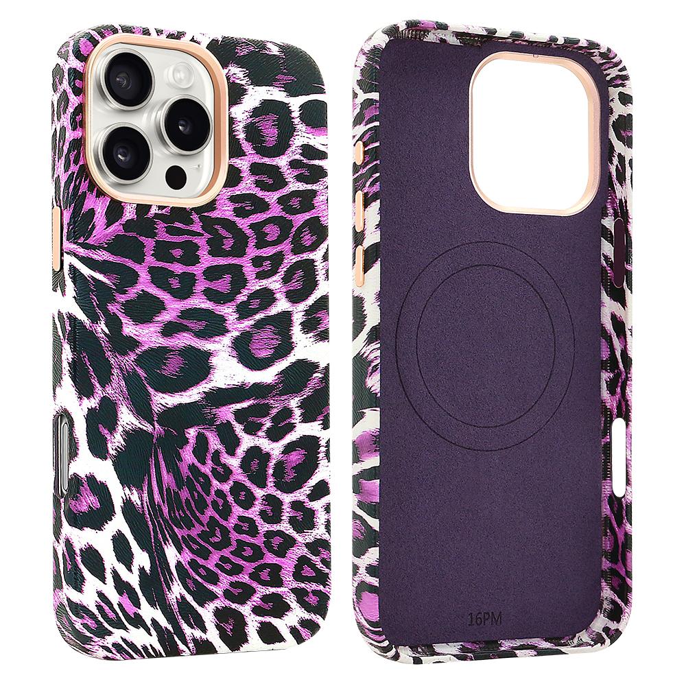 

For iPhone 16 Pro Case Compatible with MagSafe Leopard Texture PU+PC Phone Cover Purple