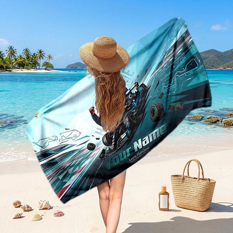 Lewis Hamilton Customized Name Text Beach Towel, Soft Absorbent Towel Beach Pool Travel Personal Gift