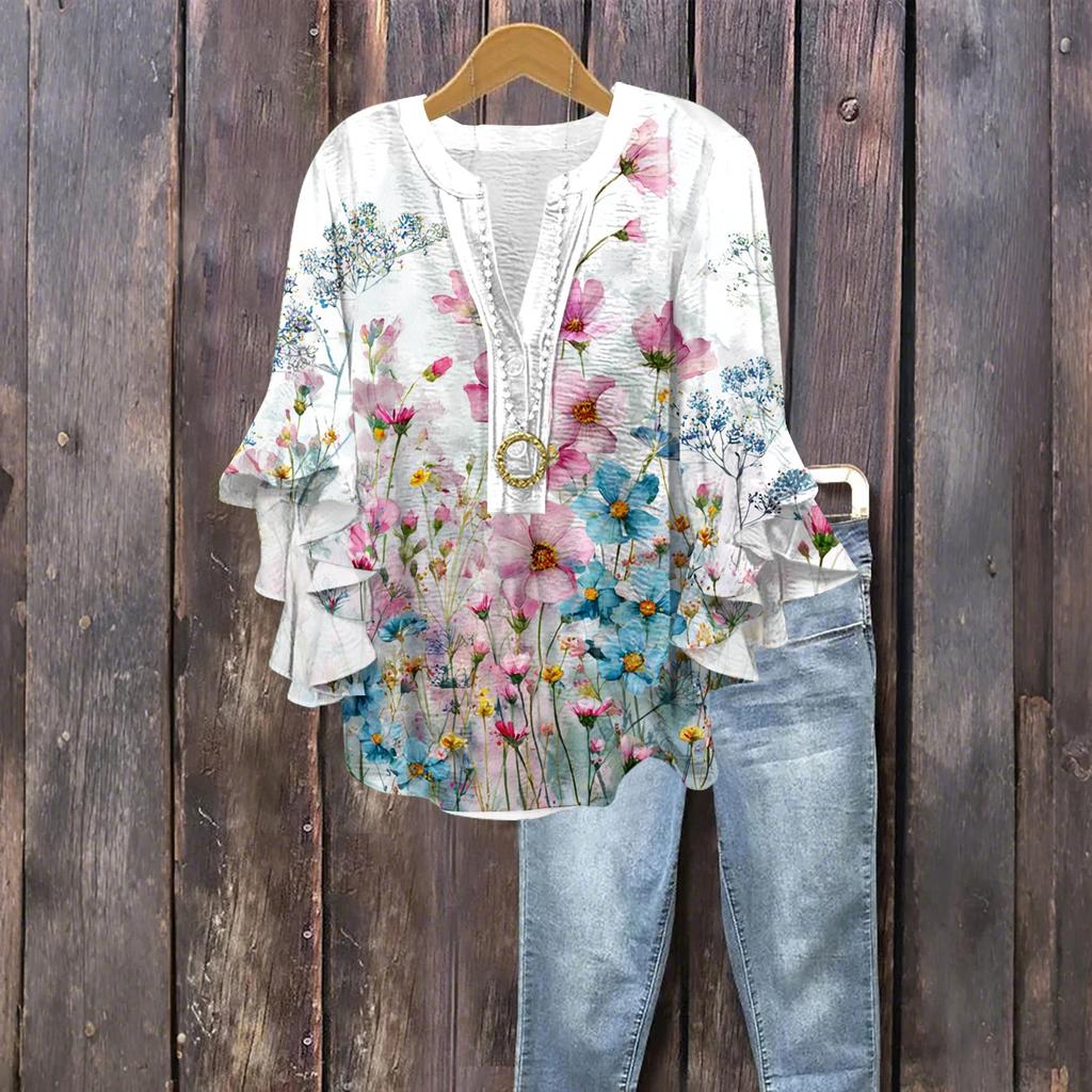 Women's Fashion Button V-Neck Ruffle Seven Sleeve Blouse Floral Printed Top