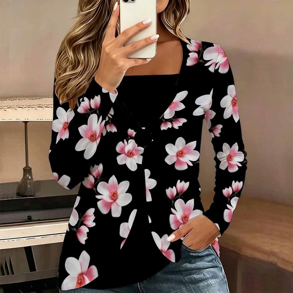 Tops for Women  Floral Print Long Sleeve Fake Two‑Piece Top Fall Casual Slim Pullover Women's Long Sleeve Top