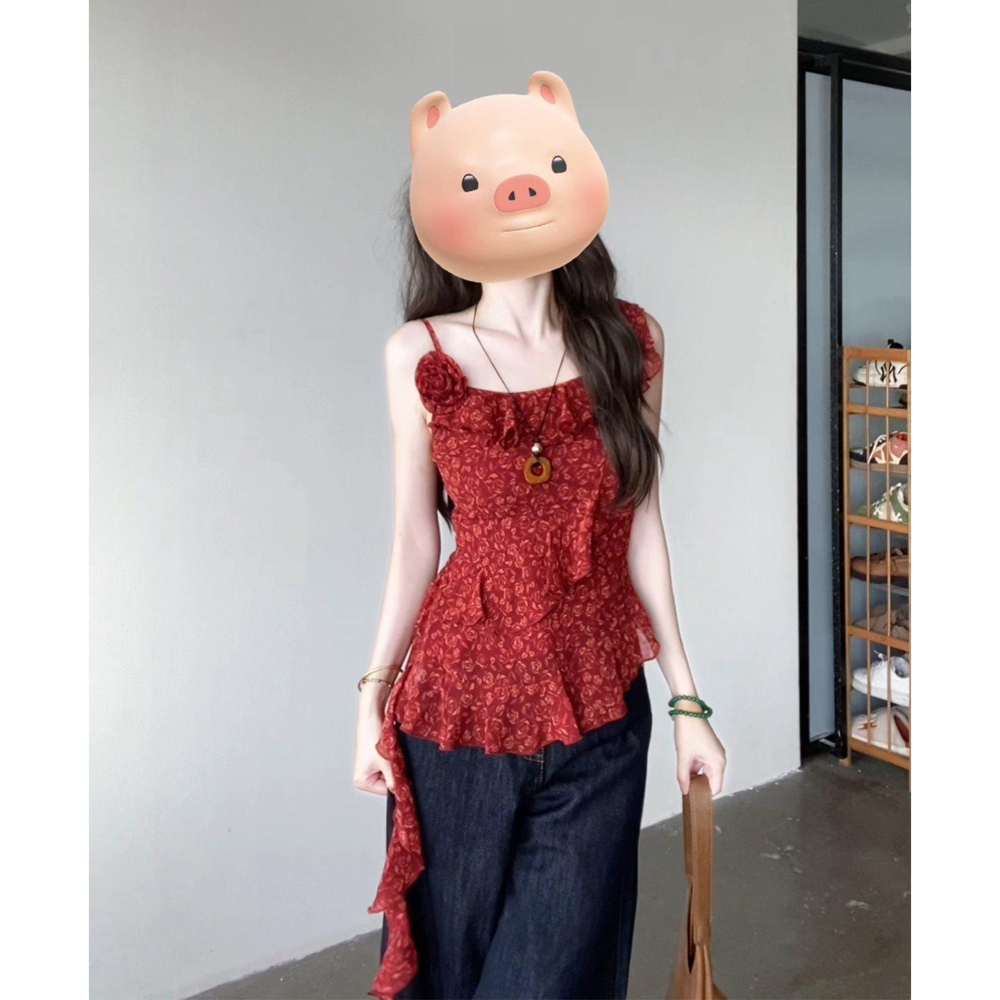 

Women s French Retro Ruffle Red Camisole - Summer 2025 Irregular Pretty Top L