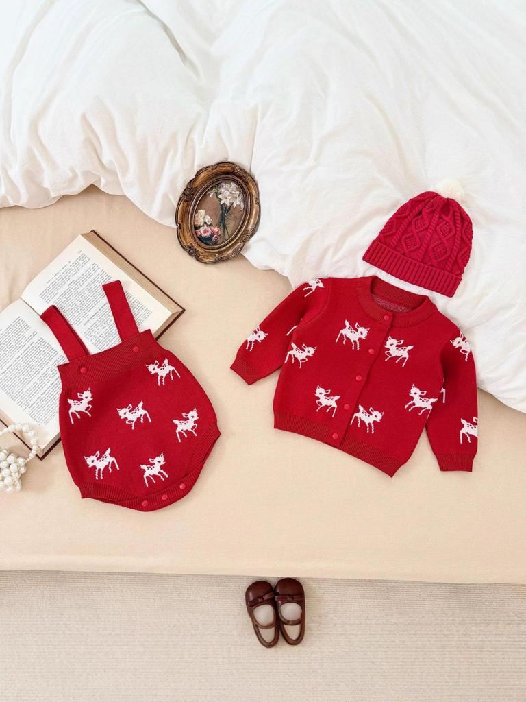 Baby Hirsch Jacquard Strick Strampler & Strickjacke Set für Jungen und Mädchen - Herbst/Winter