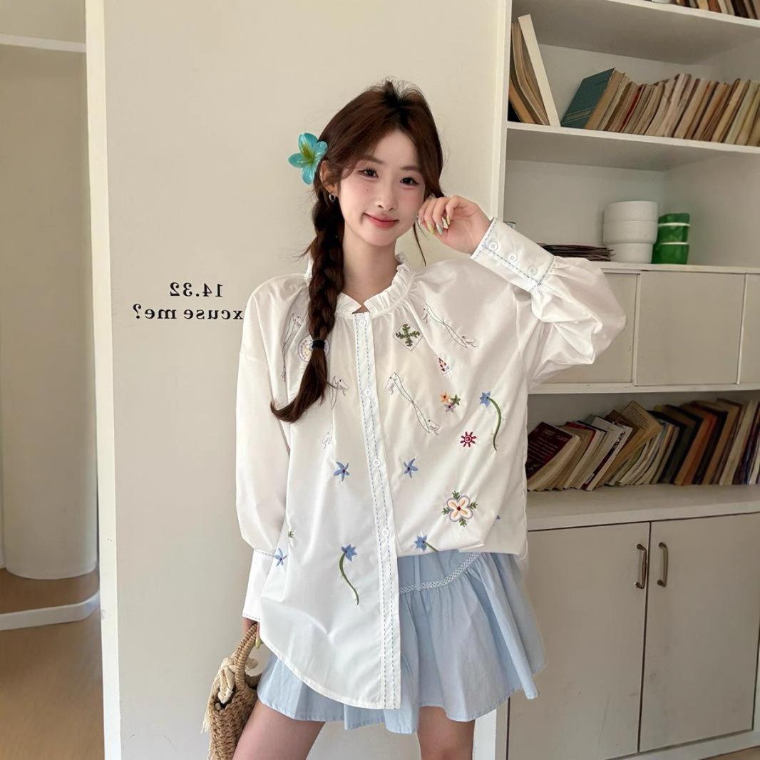 

French White Embroidered Lace Holiday Style Shirt Women s Spring and Summer New Design Chic Top M белый