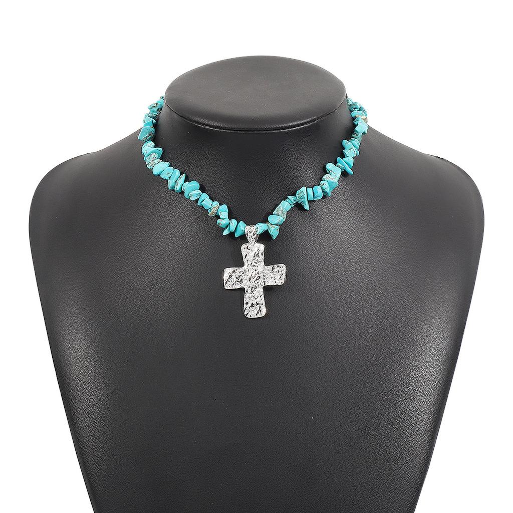 Tooxika Irregular Crushed Stone Necklace Western Cowboy Style Natural Stone Turquoise Cross Necklace