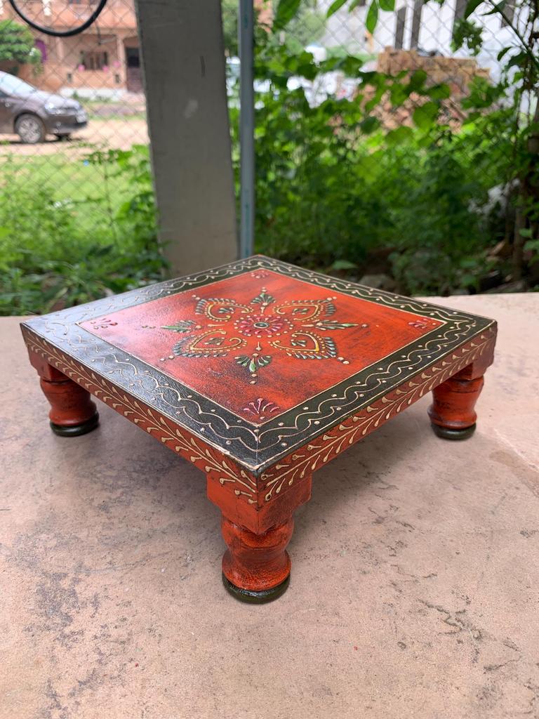 Handpainted Wood Chowki Table: Low Wooden Stool, Home Decor
