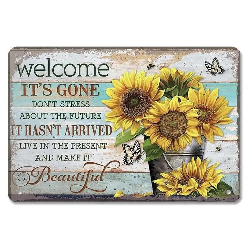 D Flat Metal Sign Vintage Welcome Garden Tin Sign Set Rustic Home Decor Butterfly Flower Watering Can Wall Art
